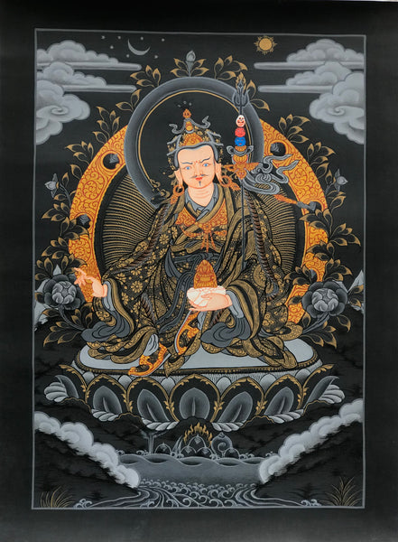 Thangka Guru Rinpoche Calidad Premium (Negro) - Arte Tibetano Hecho En Nepal.