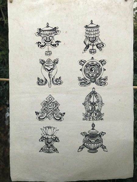 PA0012 - Símbolos de buena fortuna Ashta Mangala pintada en papel Lokta - Arte Tibetano Hecho En Nepal.
