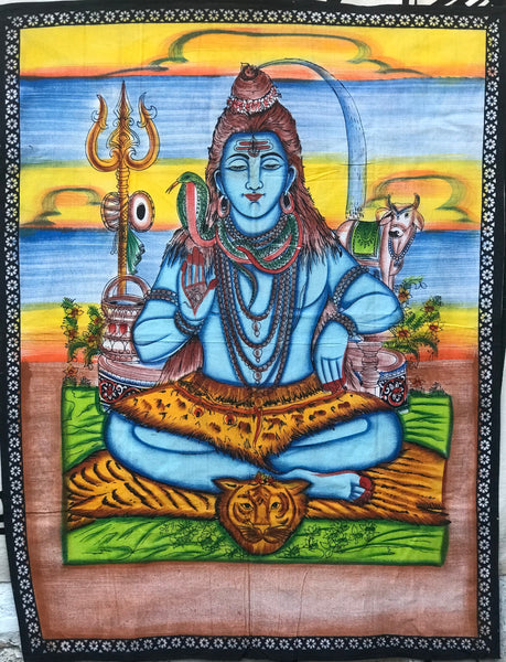Colgante o tapete a muro de Shiva meditando sobre piel de tigre. 114 cms de alto por 88 cms de ancho. - www.eltercerojo.cl